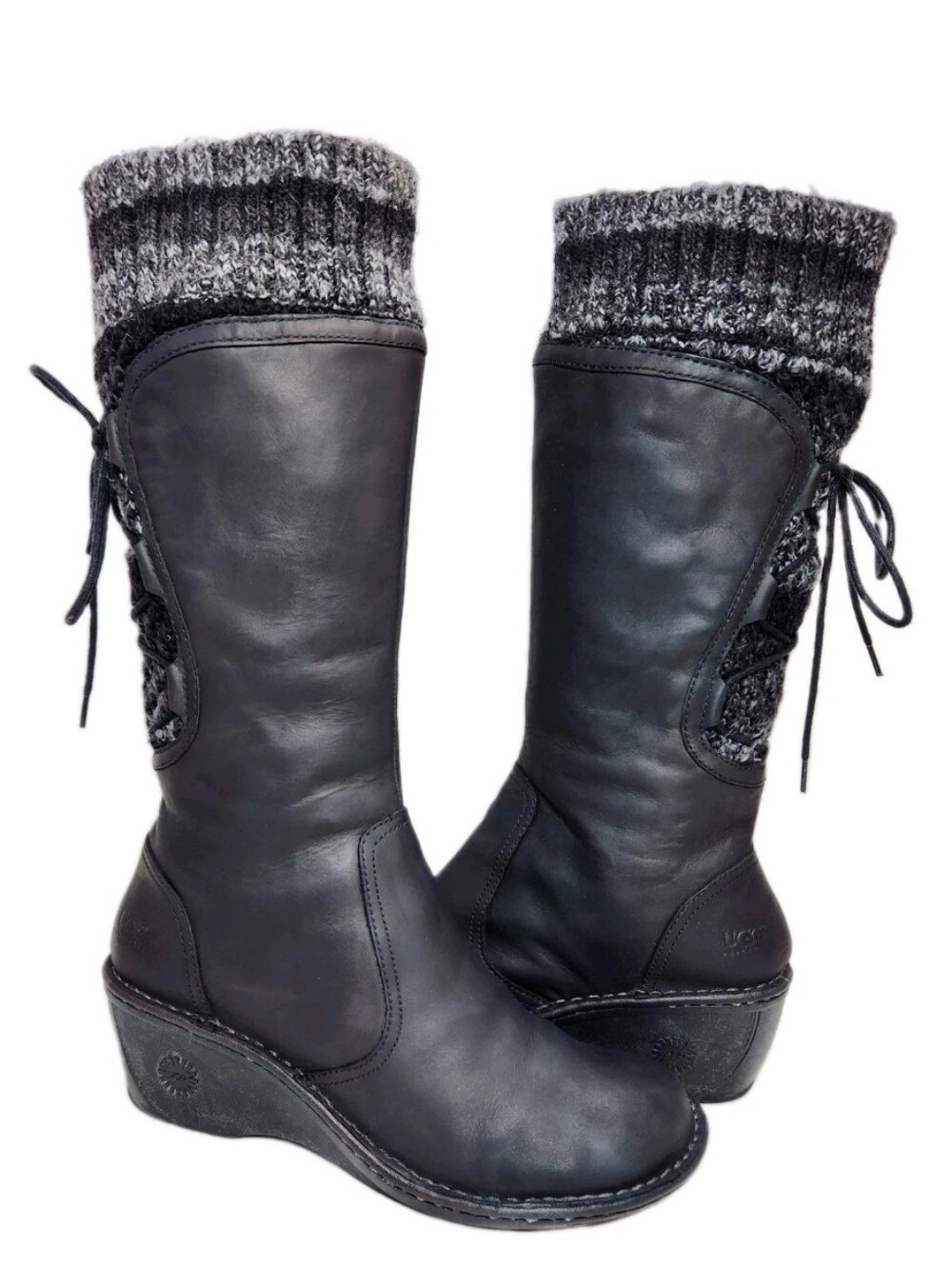 UGG Skylair Tall Wedge Boots Sz 10 Black Leather Genuine Sheepskin Wool Knit